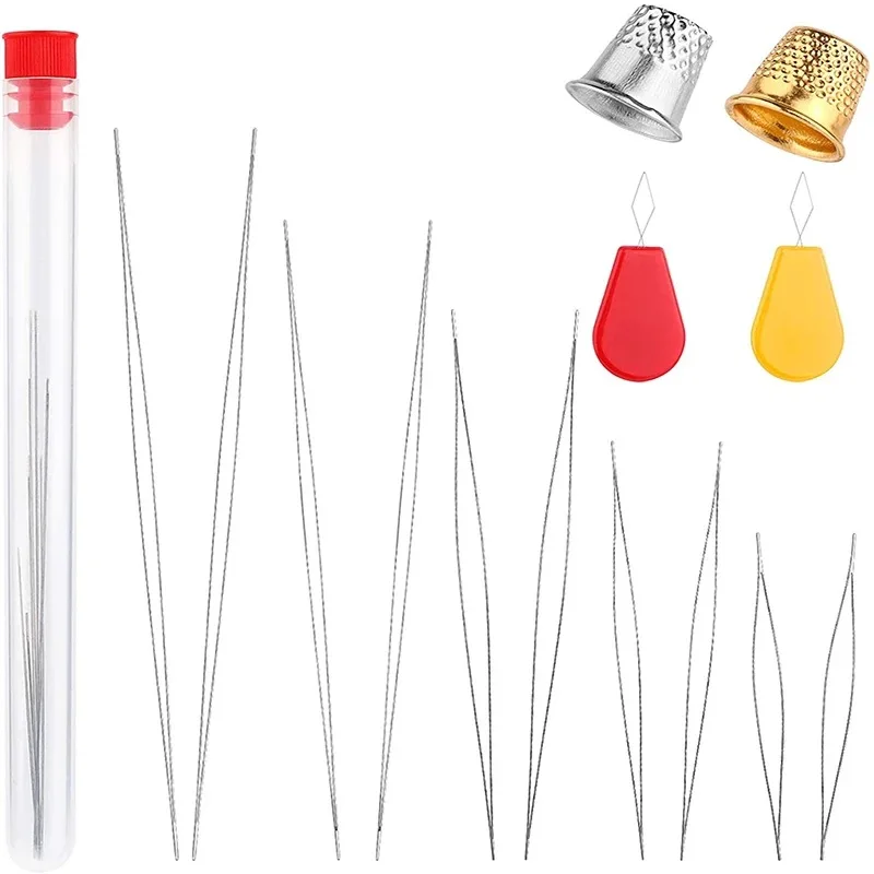 

14Pcs Beading Needles Set with Central Opening Curved Beading Needles Straight Beaded Needles Needle Threader Thimble
