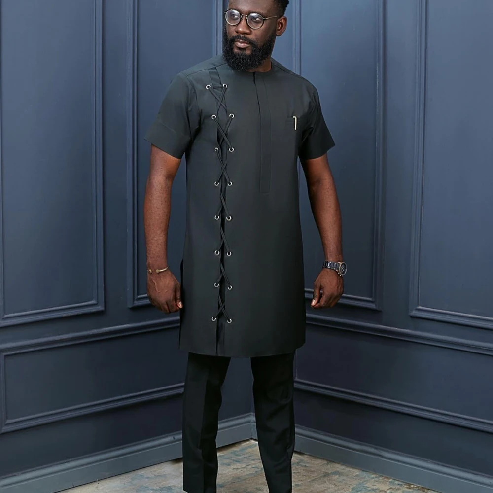 DASHIKI Men Tracksuit 2Piece Set Straps Short-sleeved Top Trousers Casual Men's Suit Outfits African Ethnic Style Clothing M-4XL