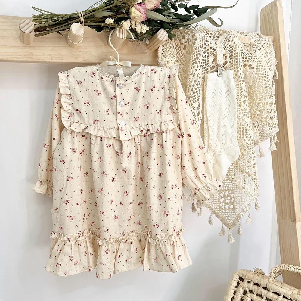 

Vintage Pleated Dress for Girl Clothes Spring Fall Long Sleeve Linen Cotton Beach Dress for Girls Clothing Children Boho Clothes