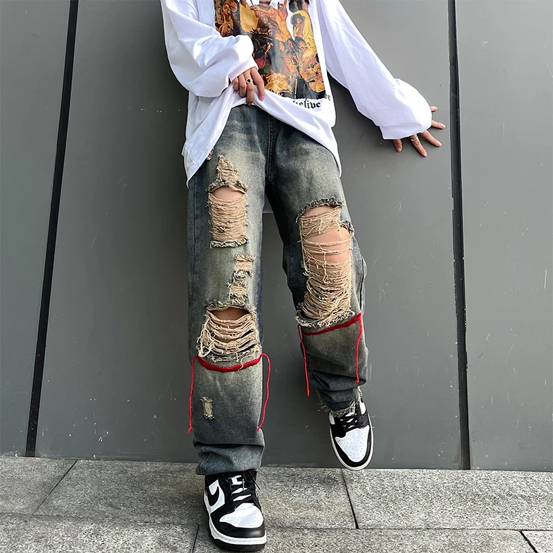 Vintage Clothes Y2k Ripped Jeans Women Baggy Embroidery Raw Edge Trousers Casual Wide 2000s Streetwear Pants Washed Korean Style