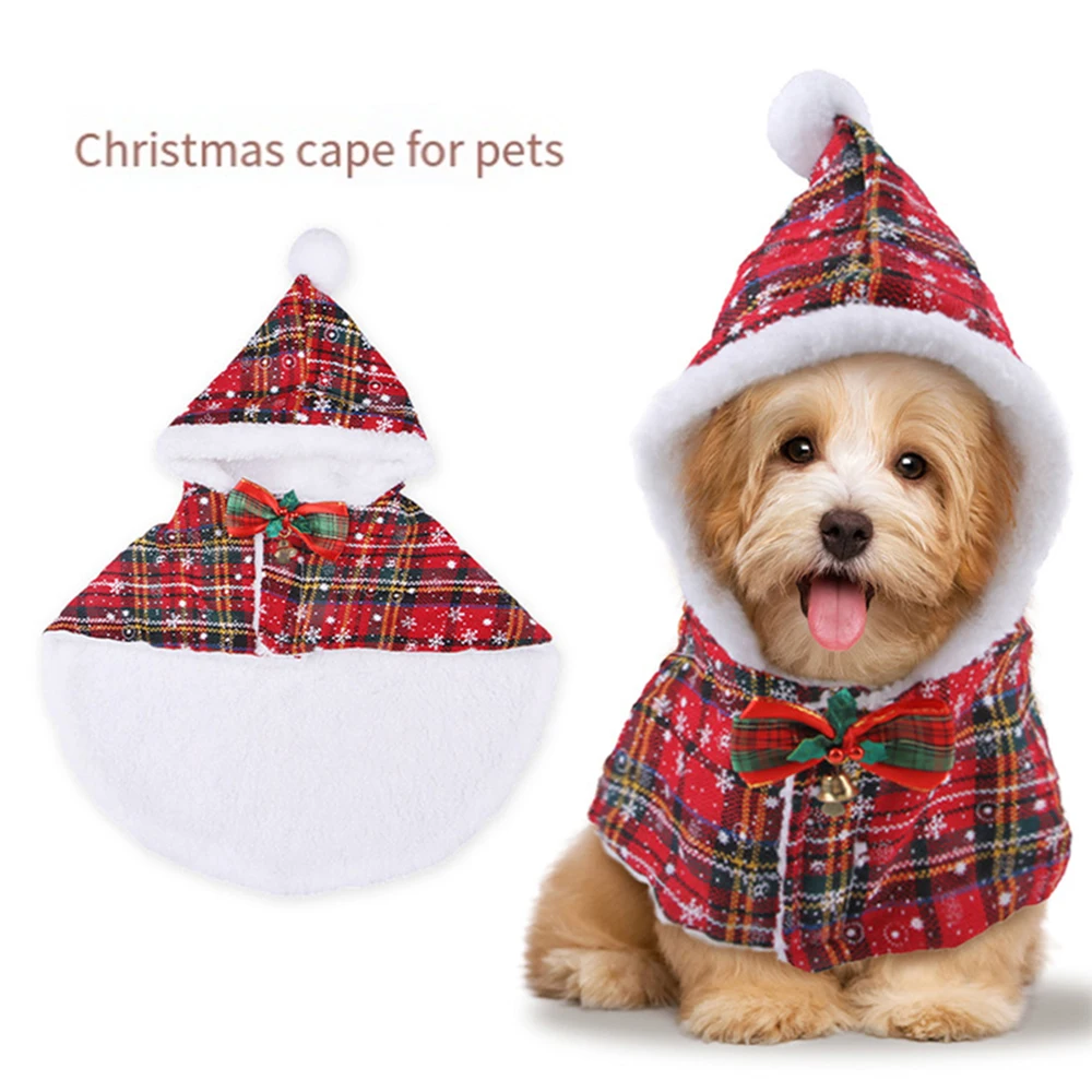 

Cute Christmas Red Plaid Dog Cat Cloak Hat Dog New Year Cloak Warm Clothes Pet Plush Shawl Autumn Winter Coat Pet Accessories
