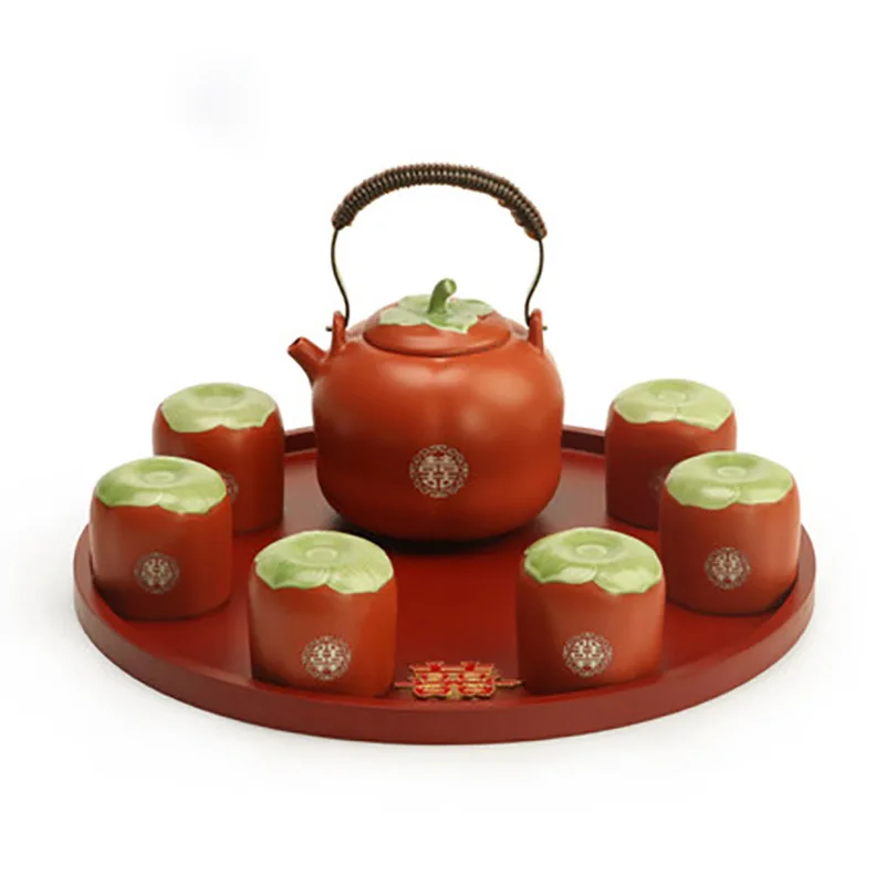 

Creative Household Ceramics Persimmon Shape Teapot Set Teacup Tea Pot Ceremony For Chinese Red Wedding Supplies Souvenir Gifts