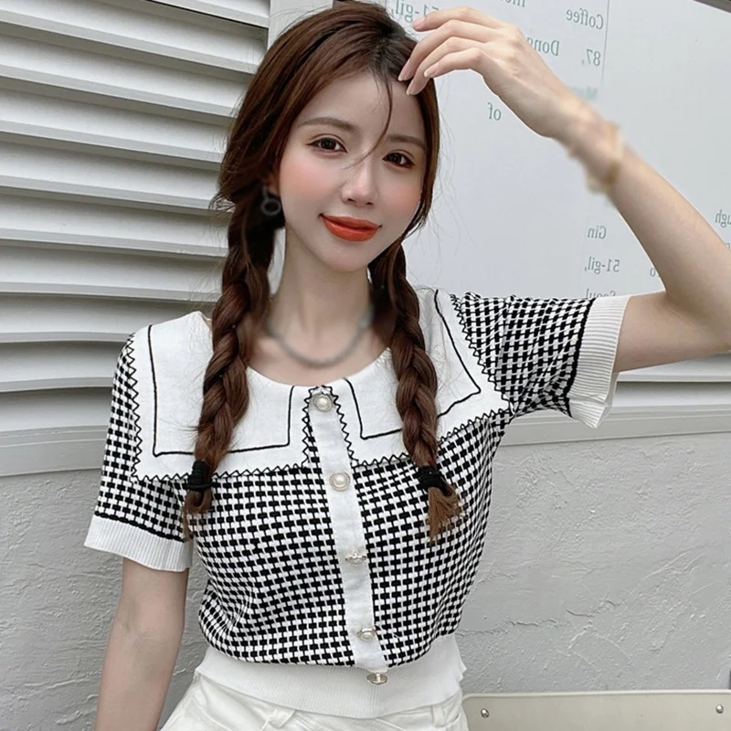 

Summer Korean Sailor Collar Plaid Fashion Sweet Single Breasted Knitted Short Sleeve Cardigan Tops