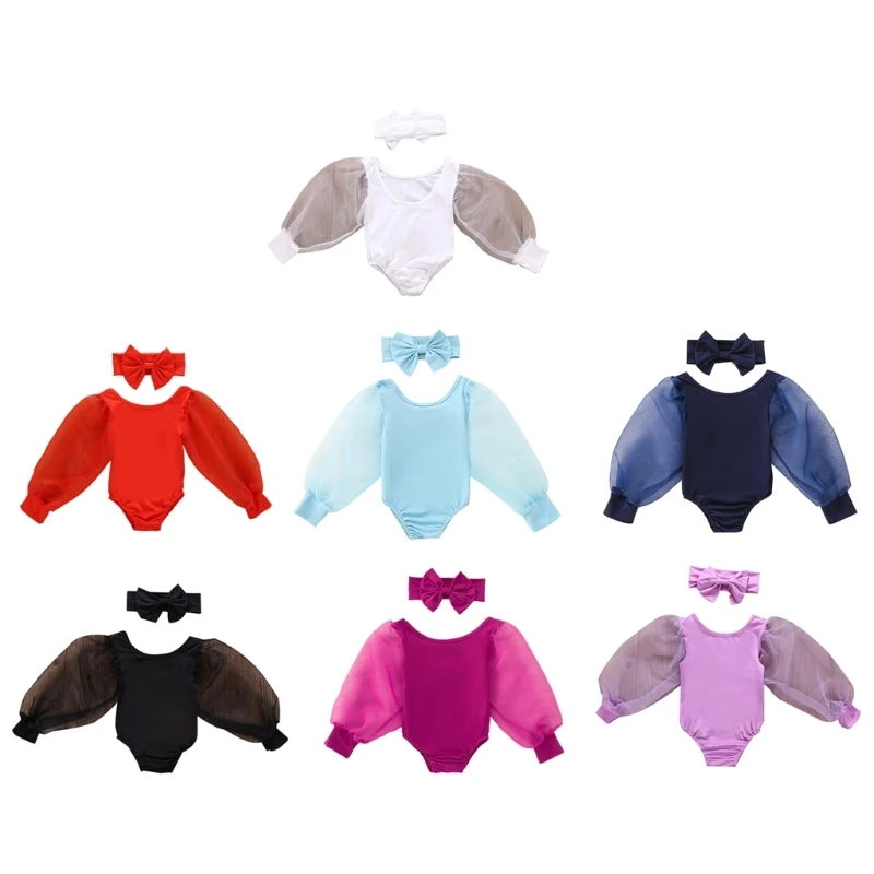 

Baby Girls Romper Bowknot Headband 0-24M Infant Girls Puff Sleeve Jumpsuits Newborn Girls Festival Costume Swim Outfit