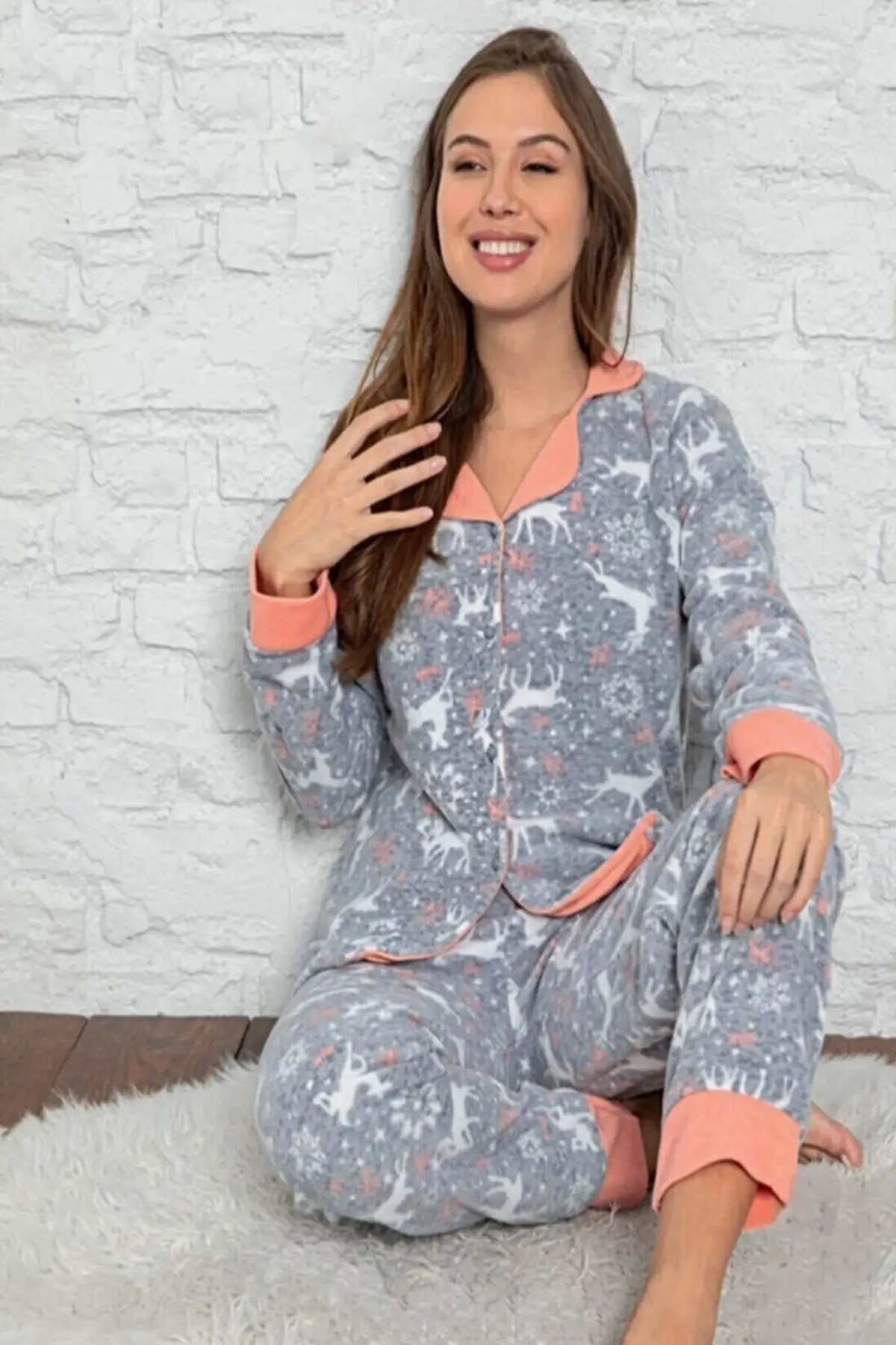 

Women's Pajamas Sude Plr-P-9046 Front Buttoned Fleece Sleep Lounge Pajamas Nightwear Sleepwear Night Suit Casual Home Clothing