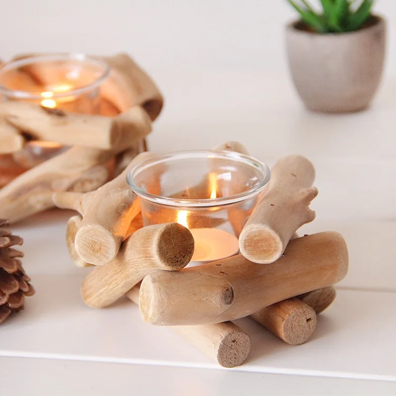 

Handmade Wooden Tea Light Candle Holder with Glass Cup Rustic Country Coastal Style for Farmhouse Home Decoration Wedding Party