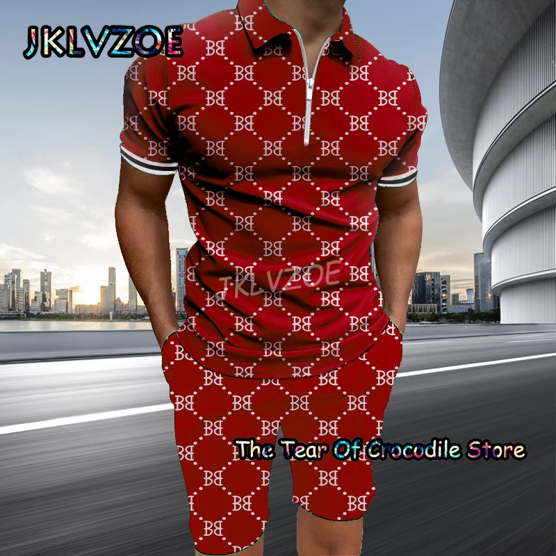 2023 Summer Casual Tracksuit Zipper Polo Shirt 2 Piece Sets for Men Suit Printing Outfit Men Multicolour Sportswear Clothing