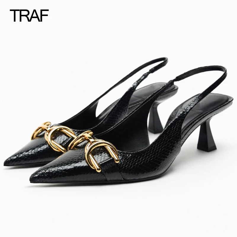 

TRAF 2023 Elegant Woman High Heels Metallic Black Leather High-heeled Stilito Heel Pointed Toe Slingback Shoes for Women Pumps