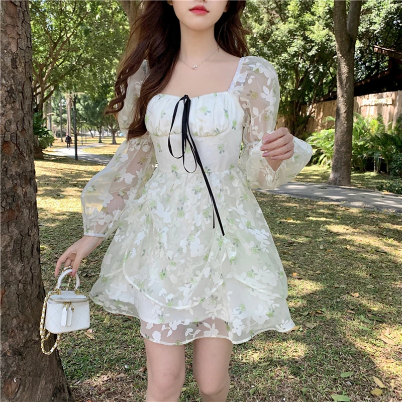 

Spring Organza Floral Dress Women's Summer Fairy Dress 2022 Square Collar Waist Long Sleeve A-line Princess Dress Sundress
