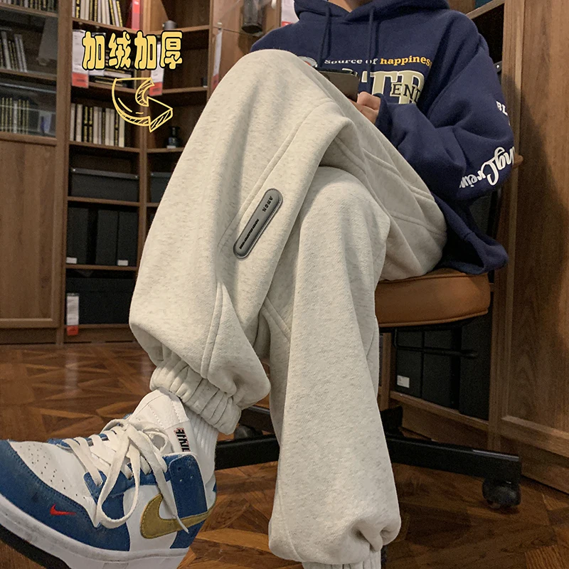 

ZCSMLL Sports Pants Men's Winter Plush Thickened High Street Casual Pants Autumn Winter Loose Personality Oversize Leggings
