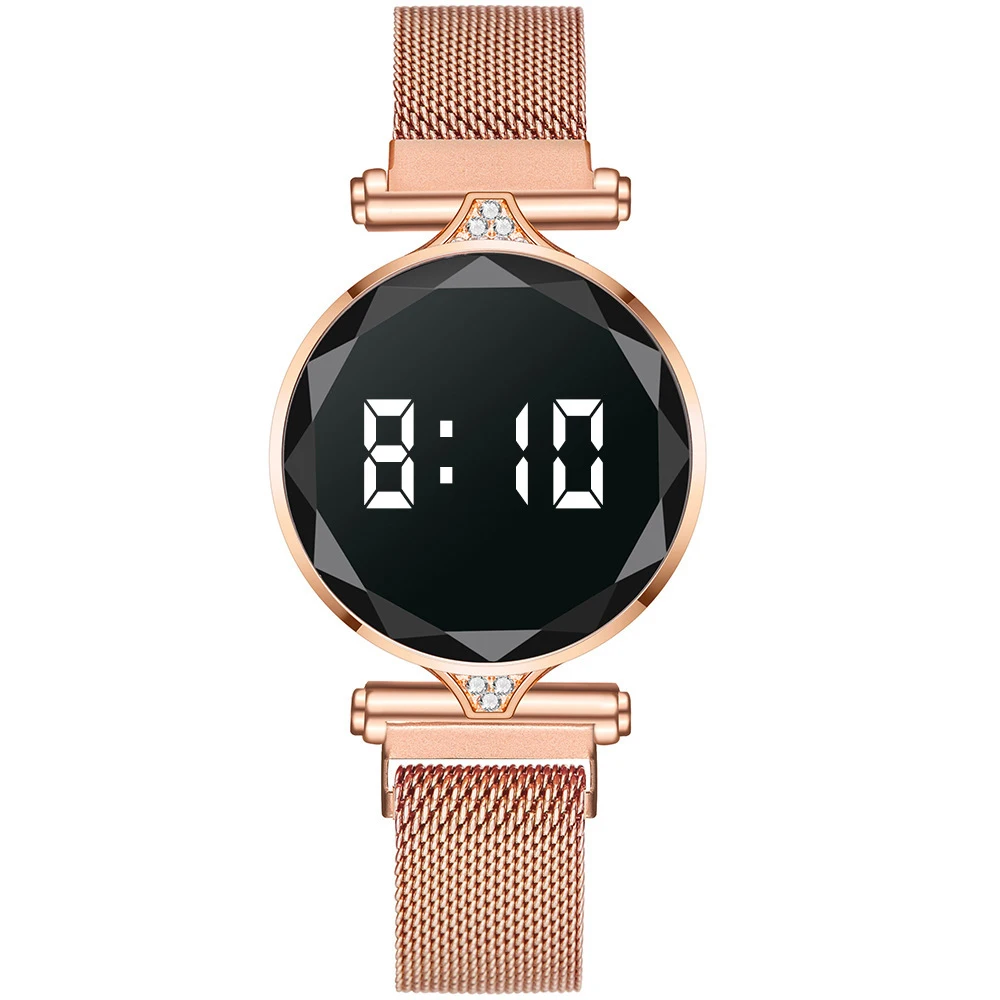 

Luxury Digital Magnet Watches For Women Rose Gold Stainless Steel Dress LED Quartz Watch Female Clock Relogio Feminino Drop Ship