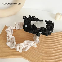 new fashion fairy pure color pearl bow headband designer folds hairband women high quality headwear scrunchies hair accessories