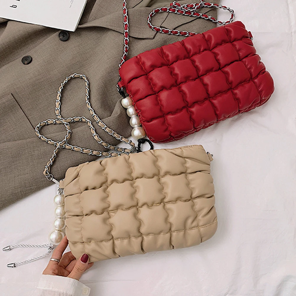 

Женская Стеганая Сетчатая Сумка на плечо, кожаный тоут через плечо с цепочкой и жемчугом для улицы, шоппинг