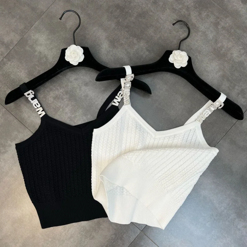 

Майка BORVEMAYS женская без рукавов, белый однотонный тонкий эластичный вязаный жилет с надписью со стразами, WX125, лето 2023