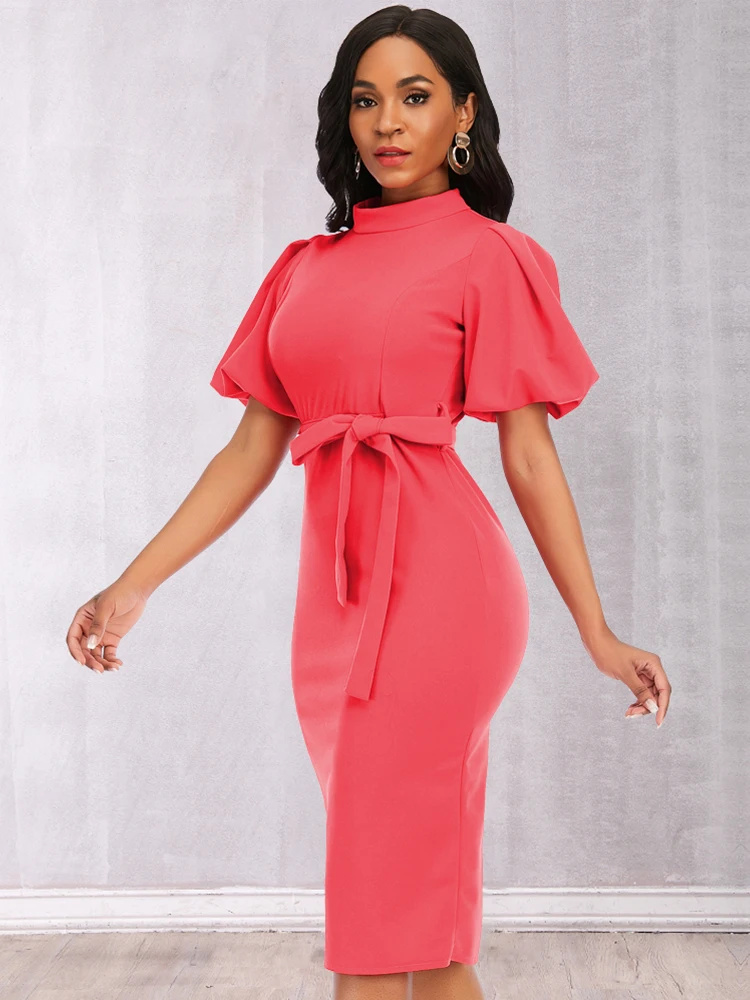 

Платье-миди женское приталенное с коротким рукавом-фонариком и воротником-стойкой