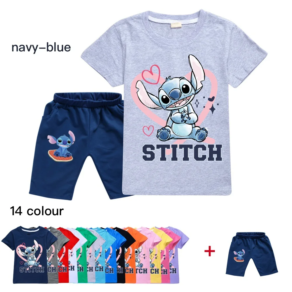 

Disney Stitch Baby Girls Short Sleeve T-shirt+shorts Two Piece Set Toddler Boys Sportsuit Children Clothing Suits