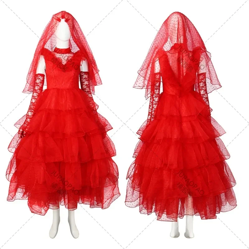 

Beetle Cosplay Juice Costume Lydia Red Wedding Dress Outfits Women Retro Long Sleeve Lace Tulle Bride Gown Halloween Party Suit