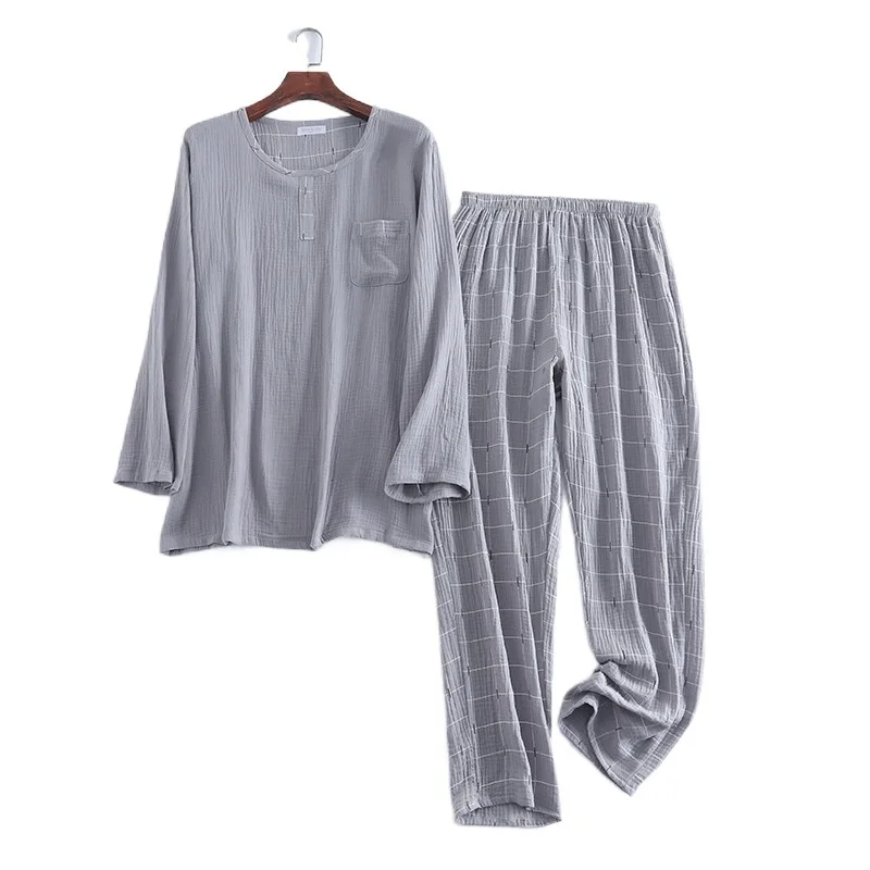 

Men's Double Layer Washed Texture Gauze Round Neck Plaid Pajamas Pants Home Suit Men Lounge Wear Pocket Nightwear Dormir Tops