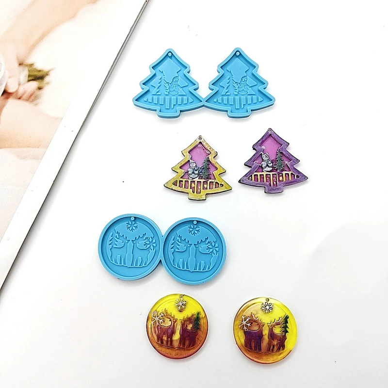 

N58F 2 Pcs/set Earrings Drop Glue Molds Diy Elk Pendant Christmas Tree Key Pendant Silicone Ornament Mold Festival Jewelry