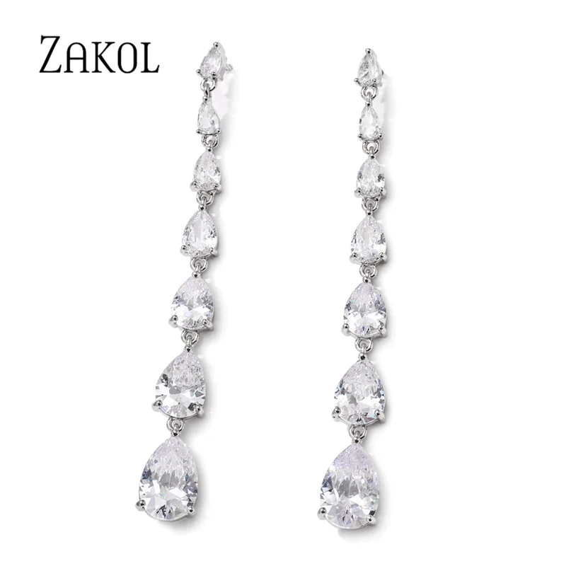

ZAKOL New Luxury Wedding Party Jewelry for Bridal and Bridesmaids AAA Water Drop Cubic Zirconia Long Dangle Earrings EP1086