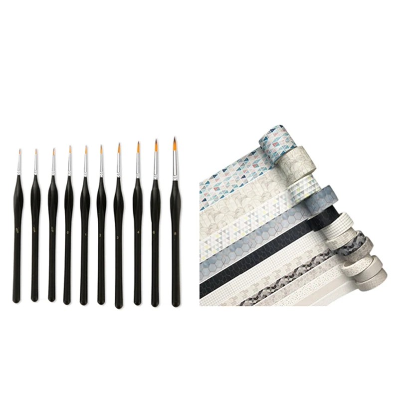 

12 Rolls Geometric Pattern Washi Tape Masking Tape Decorative & 10Pcs Fine Detail Paint Brush Set Painting Brushes Kit