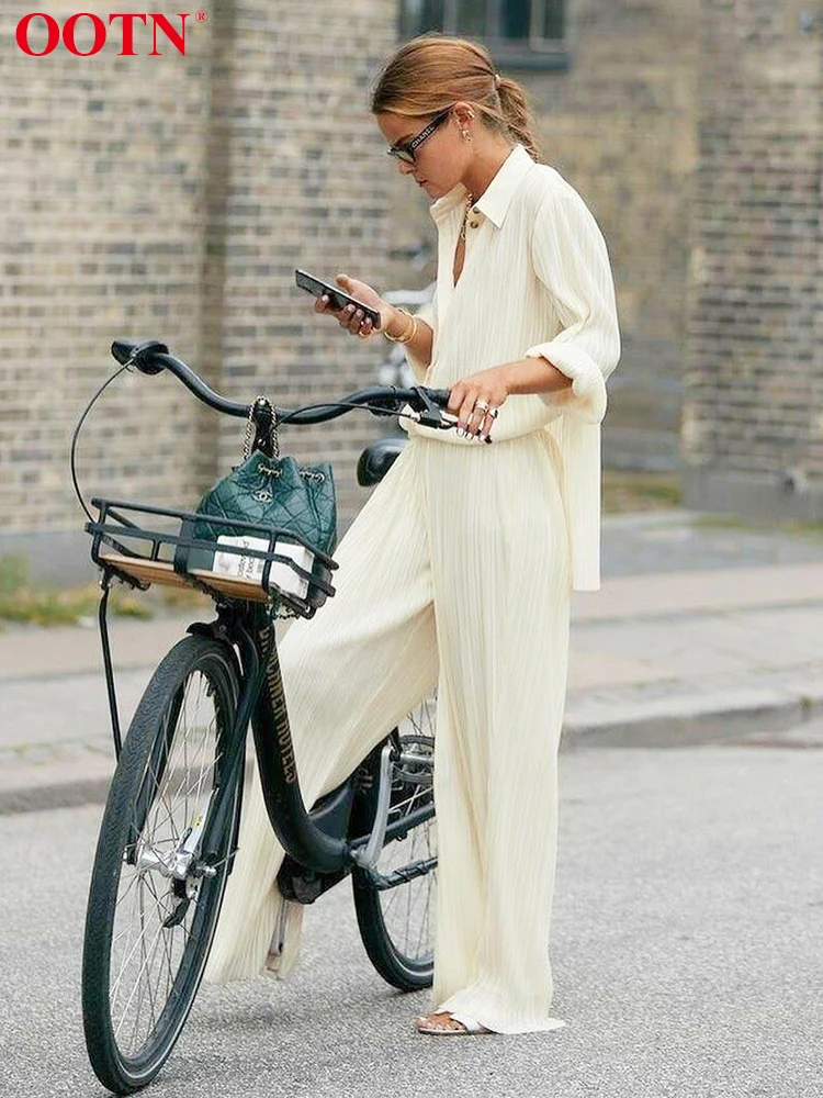 Женские Плиссированные широкие брюки цвета хаки OOTN Элегантные повседневные