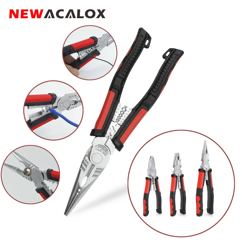 

NEWACALOX Multi Pliers Set Long Nose Pliers Linesman Pliers Cutting Pliers with Wire Stripper Crimping Function Home Repair Tool