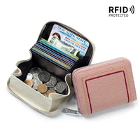 rfid anti theft swiping genuine cow leather organizer wallet contrast colors sew card cash coins case lady chic zipper handbag