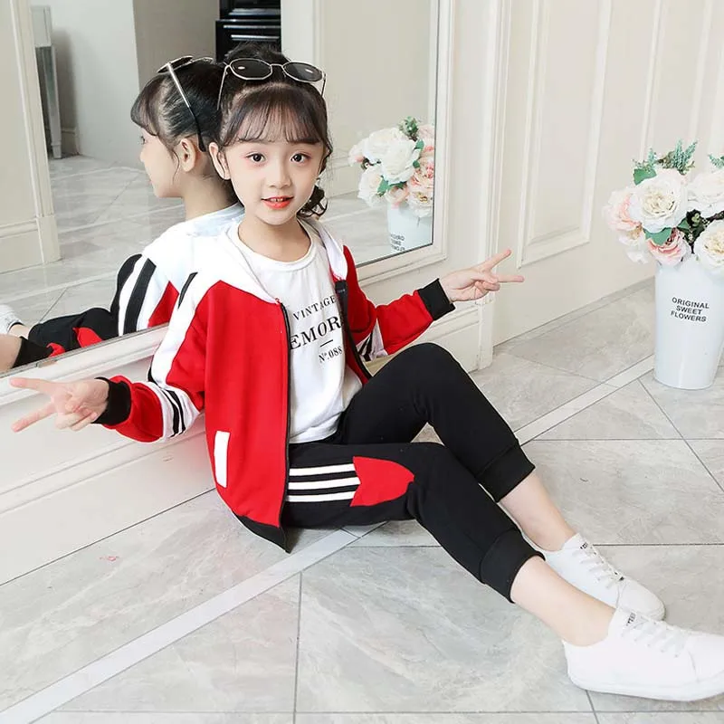 4-12 year old girls spring and autumn sports two-piece fashion color matching hooded top coat + pants Korean children's clothing