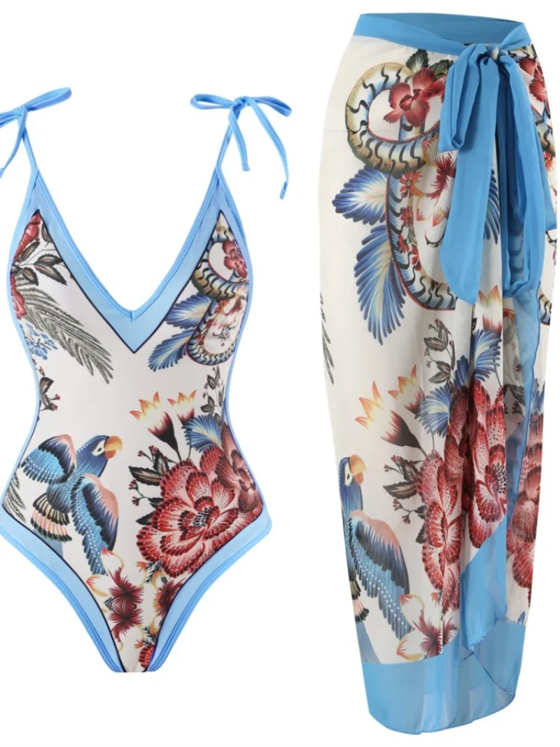 Vintage Women One Piece Swimsuit Deep V Neck Swimwear Cover Up Female Retro Holiday Beachwear Summer Surf Wear Cover-up