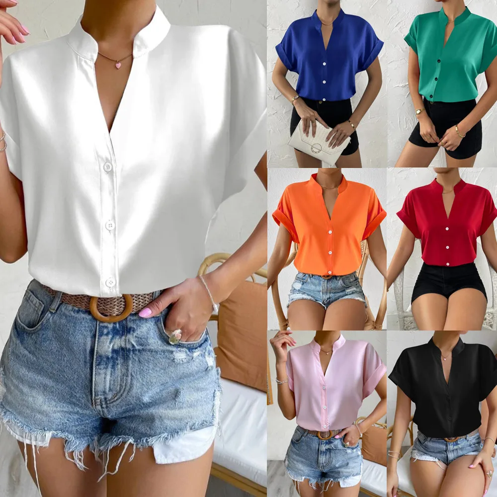 

Simple V-neck Ladies Shirts Summer V-neck Slim Short Sleeve Solid 2023 Casual Women's Clothing Blouses Slim All-match Tops 2023