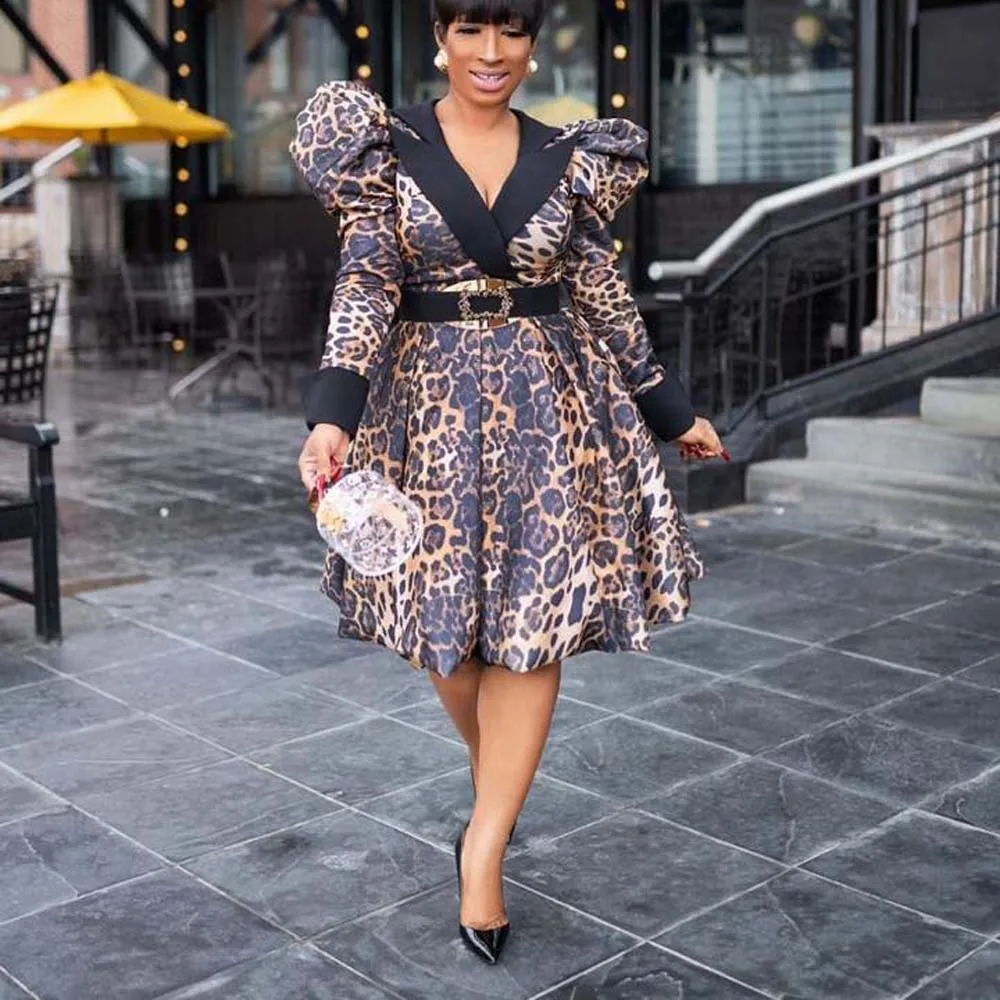 

Модное платье в стиле пэчворк с леопардовым принтом с пышными рукавами и V-образным вырезом для офиса женское деловое повседневное ТРАПЕЦИЕ...