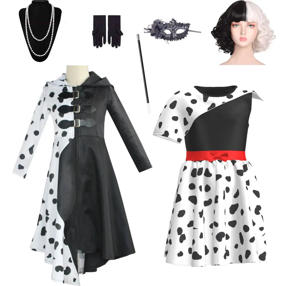 

Детский костюм Cruella для девочек, косплей, наряд, черно-белое Пятнистое вечернее платье для Хэллоуина