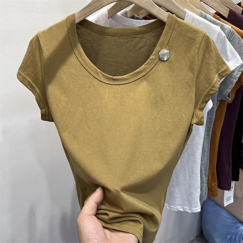 Женская футболка из чистого хлопка с коротким рукавом однотонная U-образным