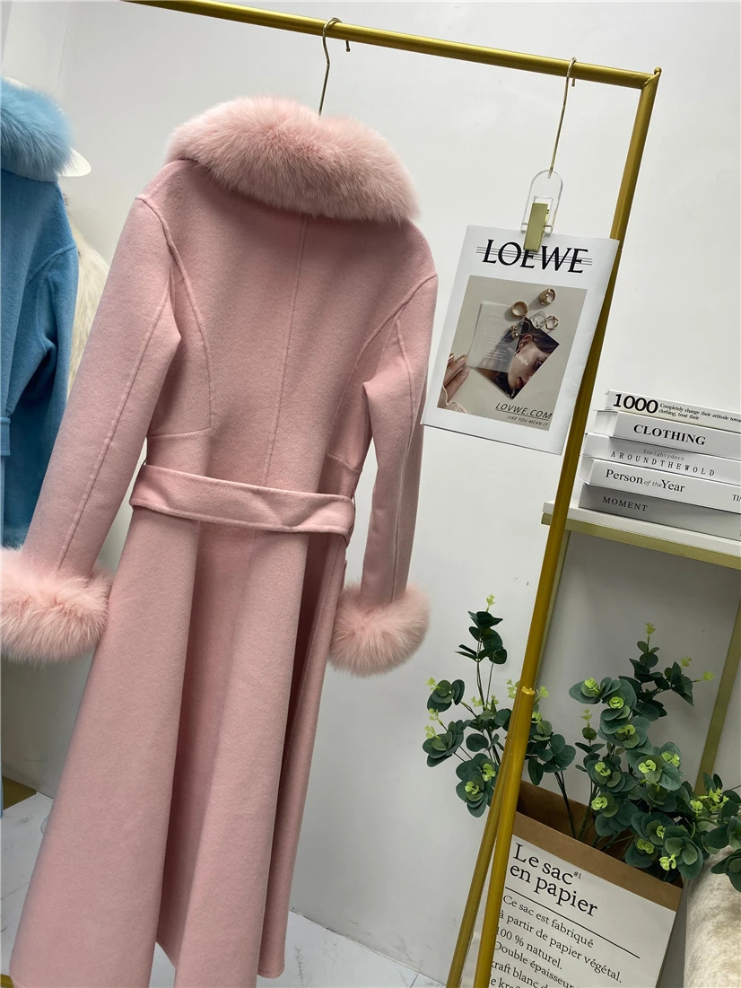 Real Fur Coat Winter Jacket Women Natural Fox Fur Collar Cashmere Wool Blends Long Elegant Outerwear Ladies Fashion Streetwear