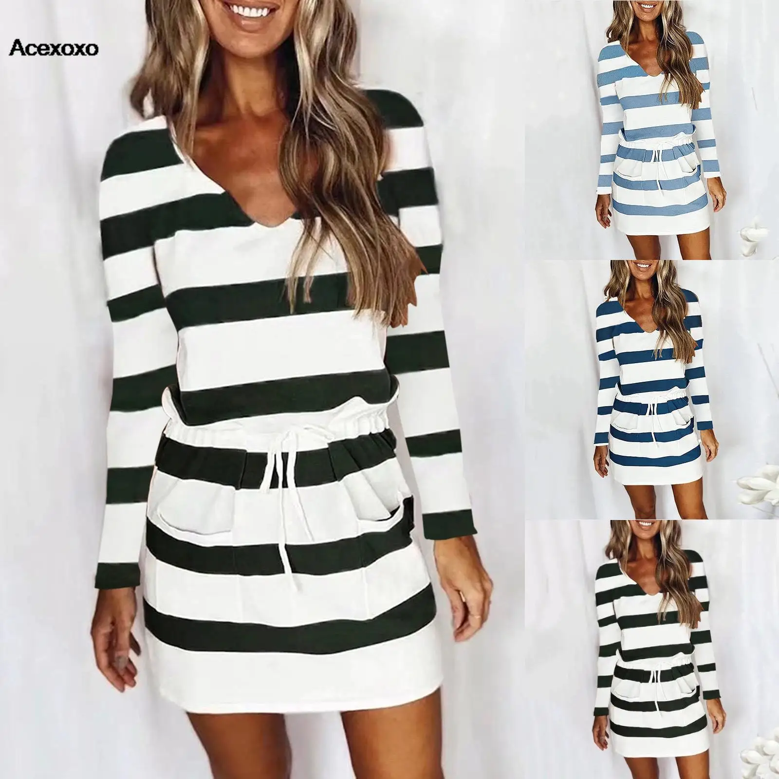 

2023 Europe and the United States independent station autumn and winter new women's printed striped pocket dress