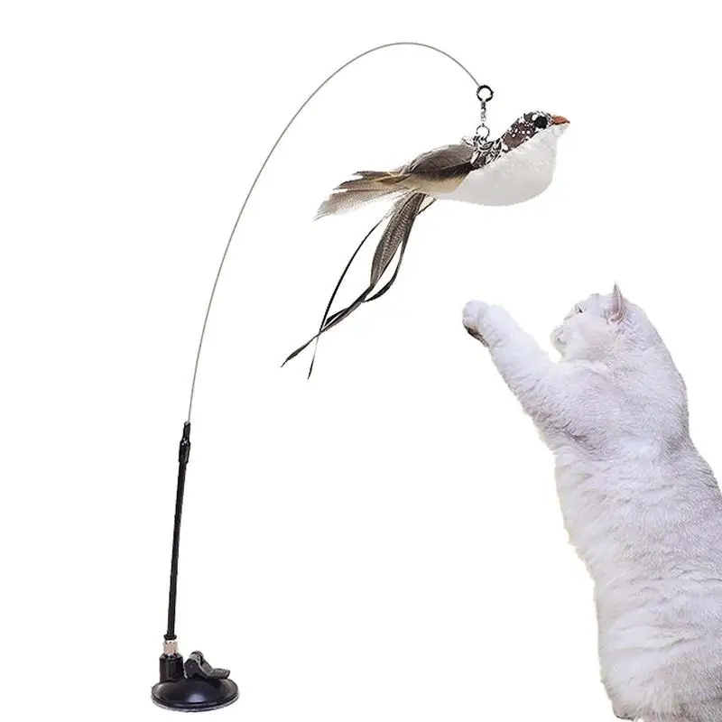 

Feather Cat Teaser With Bell Powerful Suction Cup Interactive Toys Funny Simulation Bird Feather With Bell Cat Stick Toy