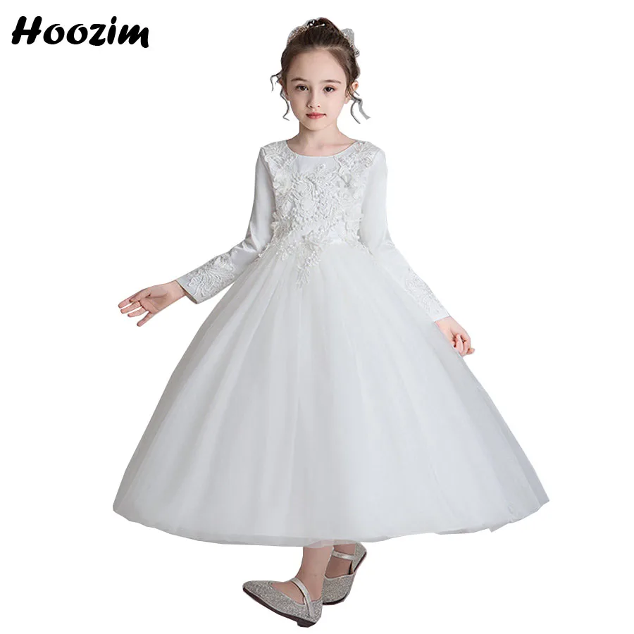 

Expensive White Embroidery Pearls Night Dinner And Wedding Ball Gown Girls 6 To 15 Year Long Sleeve Prom And Evening Party Dress