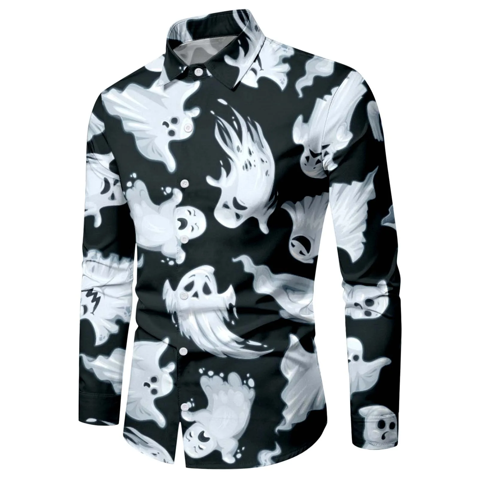 

Male Party Halloween Specter Printed Shirt Long Sleeve Turn Down Collar Scrub Tee Mens Tops Casual Mens Workout Tops Loose Fit