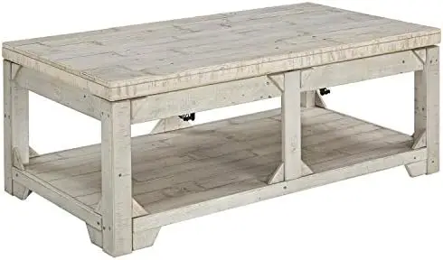 

Farmhouse Rectangular Lift Top Coffee Table with Floor Shelf, Whitewash with Weathered Finish