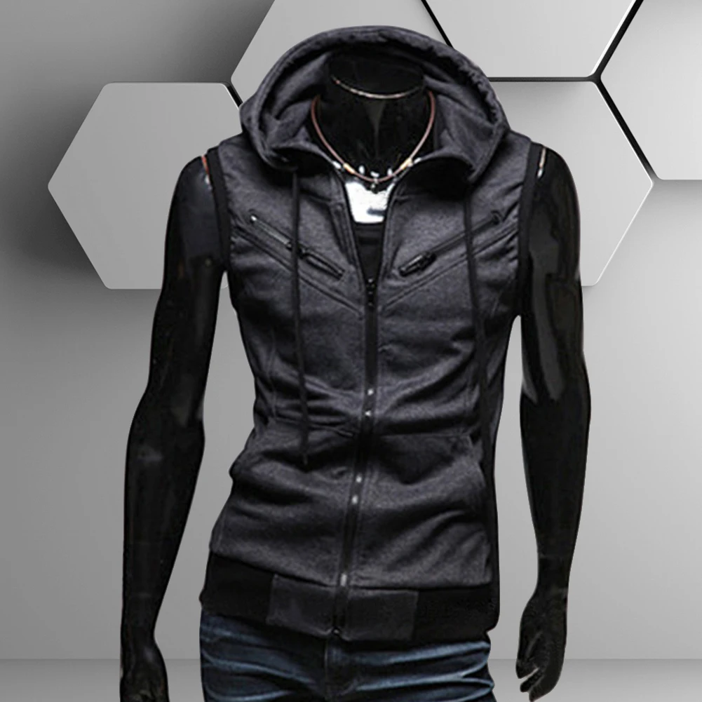 

New Fashion Sweatshirts Delicate Design Men Spring Autumn Teenager Boy Sleeveless Zipper Pure Color Cardigan Hoodie Coat
