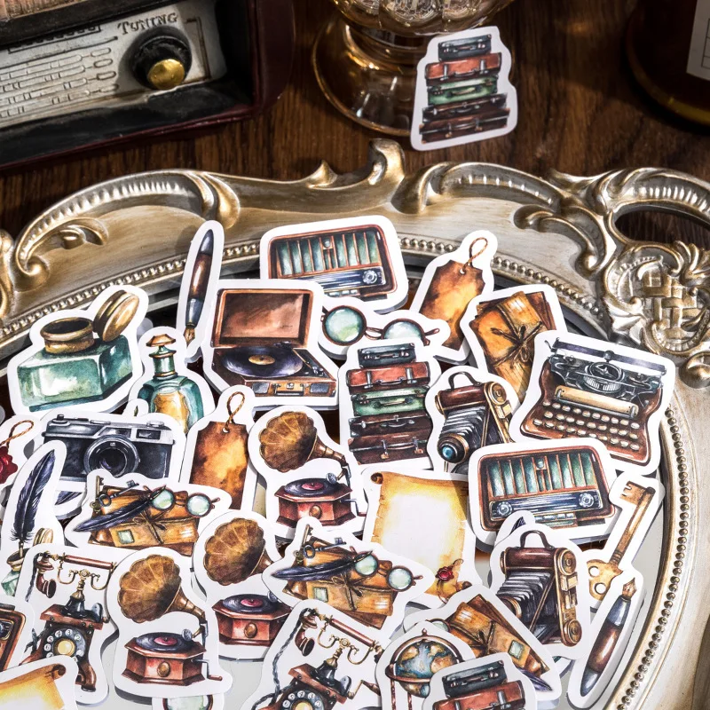 

46Pcs Mini Box Stickers Old time Literature vintage Glasses typewriter hand account Decorative Scrapbook material 44*44mm