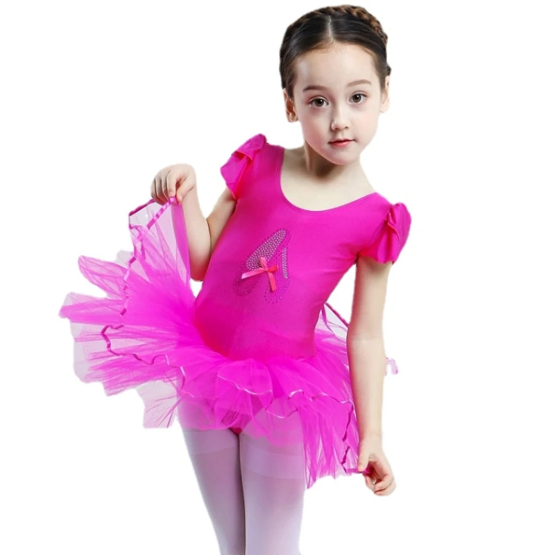 

Детский танцевальный костюм принцессы, балетный тренировочный костюм с короткими рукавами, пушистая юбка из пряжи, одежда для выступлений и танцев для девочек