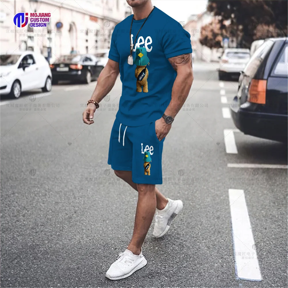 Summer 2023 Luxury Brand Men's T-shirt Shorts Oversized Short-Sleeved Cartoon Bear Print Casual Loose Top Shorts Two-Piece Set