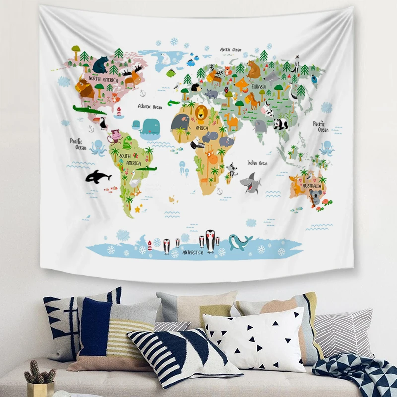 

Nursery World Map Tapestry Art Wall Animal Theme Educational Party Room Home Decoration Tapestry Wall Hanging Decor