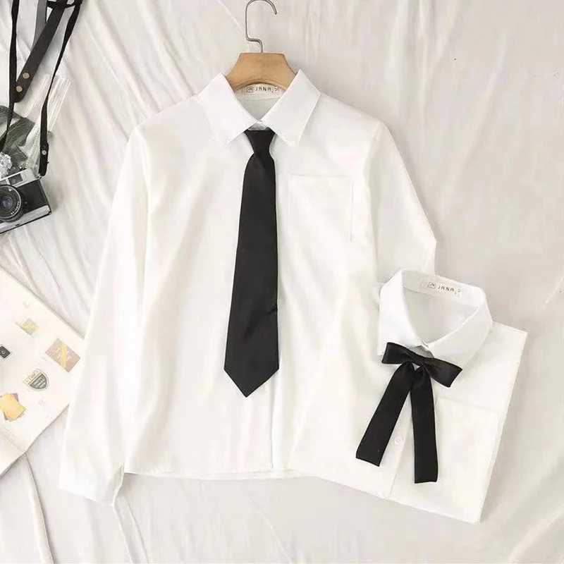 

White Women School Shirts Fashion JK Preppy Style Spring Japan Long Sleeve Girls Shirt Harajuku Necktie Ladies Tops