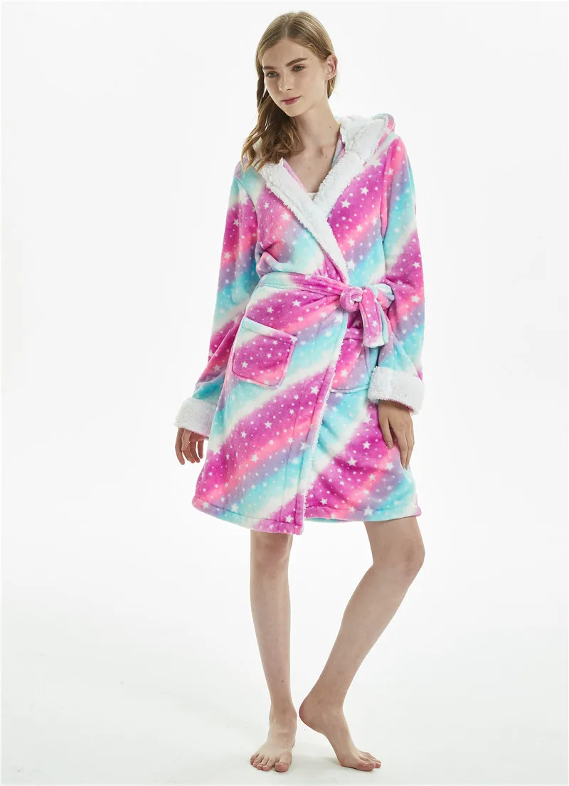 Women's Winter Thin Nightgown Length To The Thigh Polyester Warm Comfortable Colourful Unicorn Leisure Wear With A Belt