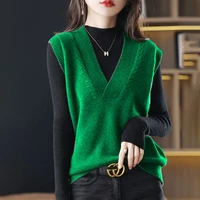 fashion v neck solid color womens sweater 2022 autumn new loose casual pullovers sleeveless screw thread knitted tops