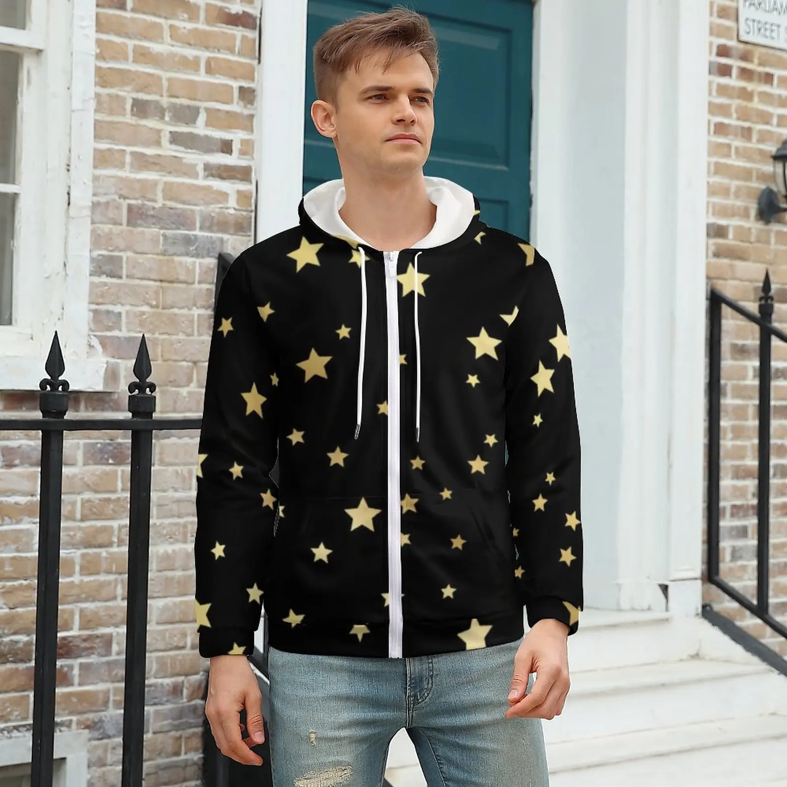 

Golden Stars Loose Hoodies Cute Star Print Casual Hoodie Men Long-Sleeve Retro Graphic Sweatshirts Plus Size