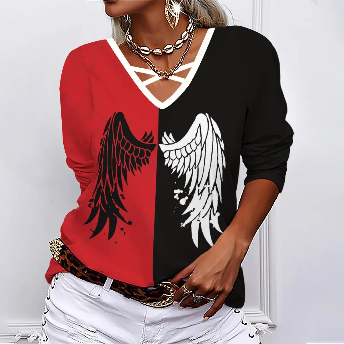 

SNAKE YX XXS-10XL Plus Size Women's Autumn Feather Wings Print V-Neck Casual Loose Long Sleeve Top
